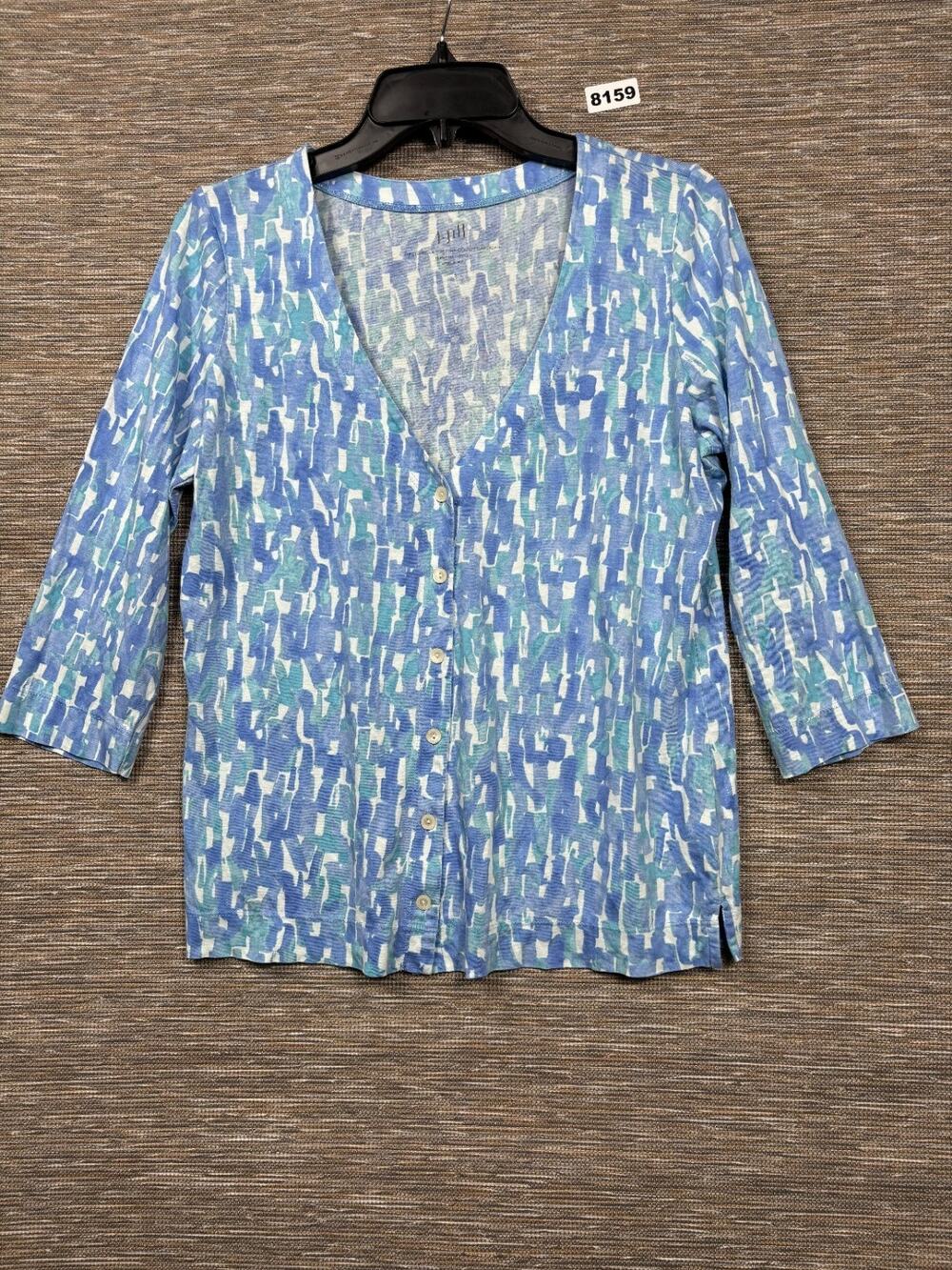 J. Jill Printed Pima Cottton Cardigan Sweater Womens Sz S Blue 3/4 Sleeve
